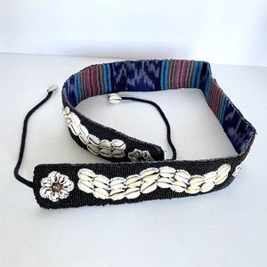 BOHO Black White Beaded Hippie Cowrie Shell & Coconut Buttons Women's Tied Belt